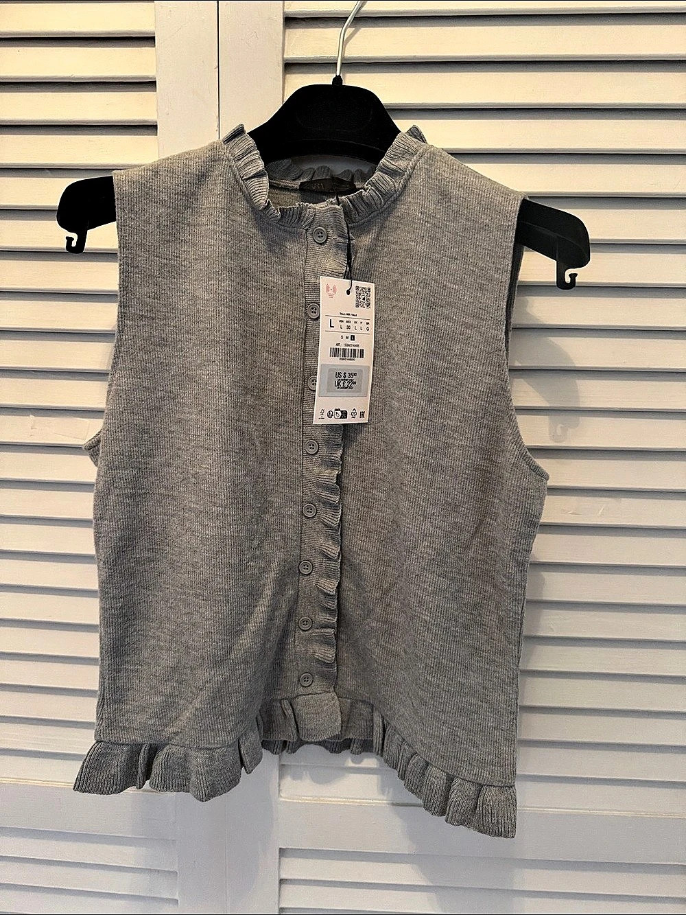 Zara Gray Ruffle Hem Knit Vest/top Size Large NWT